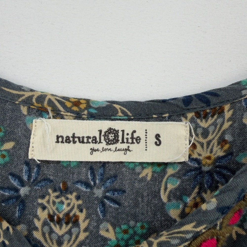 Natural Life Boho Floral Embroidered Rayon Midi Sundress Grey Pink Small - Picture 3 of 10